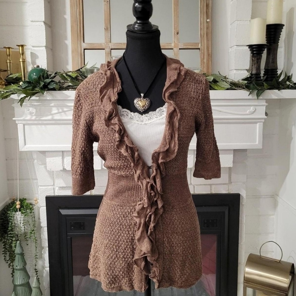 Y2k Classiques Entier Brown Ruffled Short Sleeve Linen Blend Sweater Top Size M